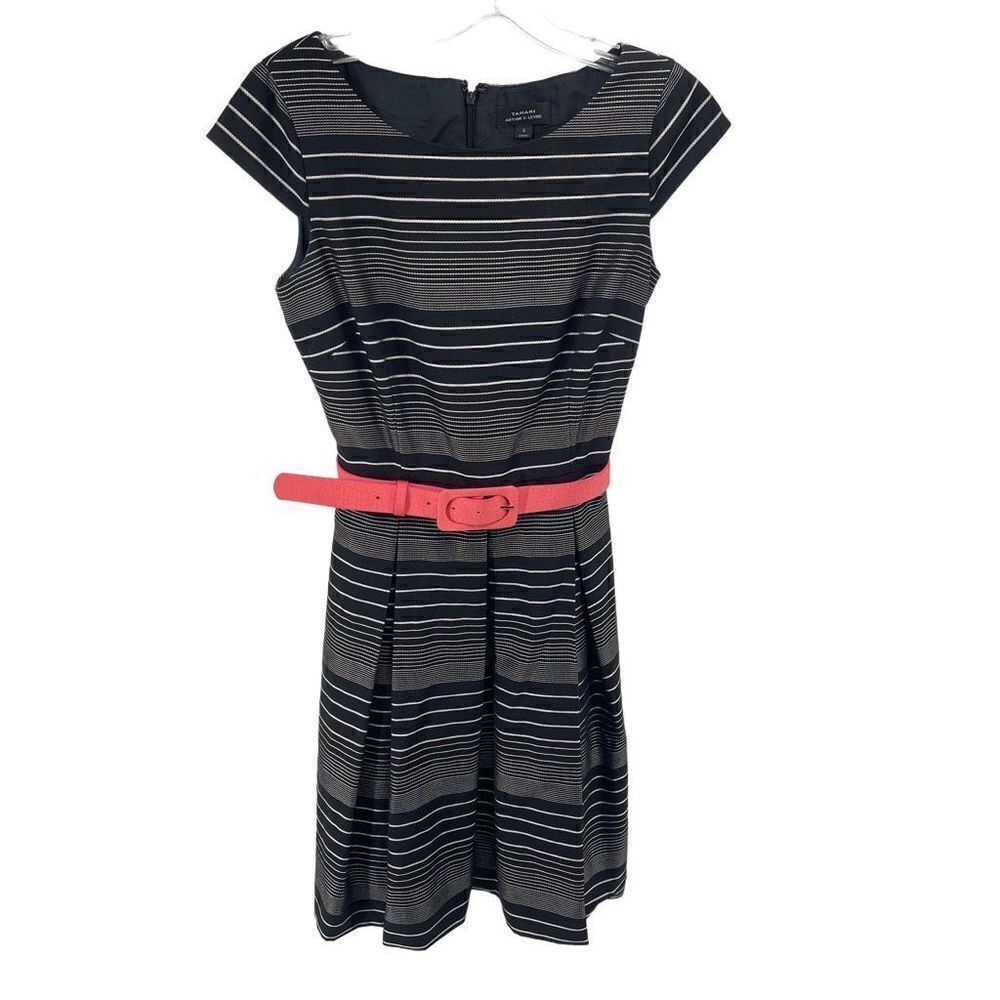 Tahari Womens Fit Flare Dress Pleated Belted Dress Lined Round Neck Black 2